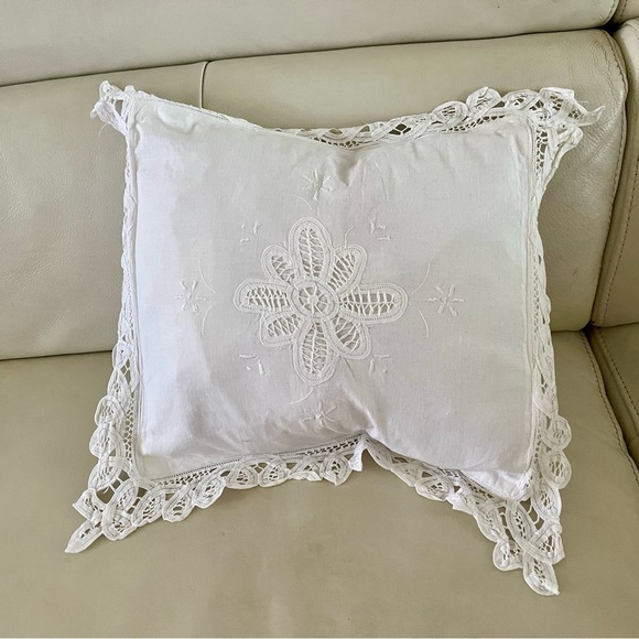 White Embroidered Throw Pillow 13/14 inches - Picture 2 of 11